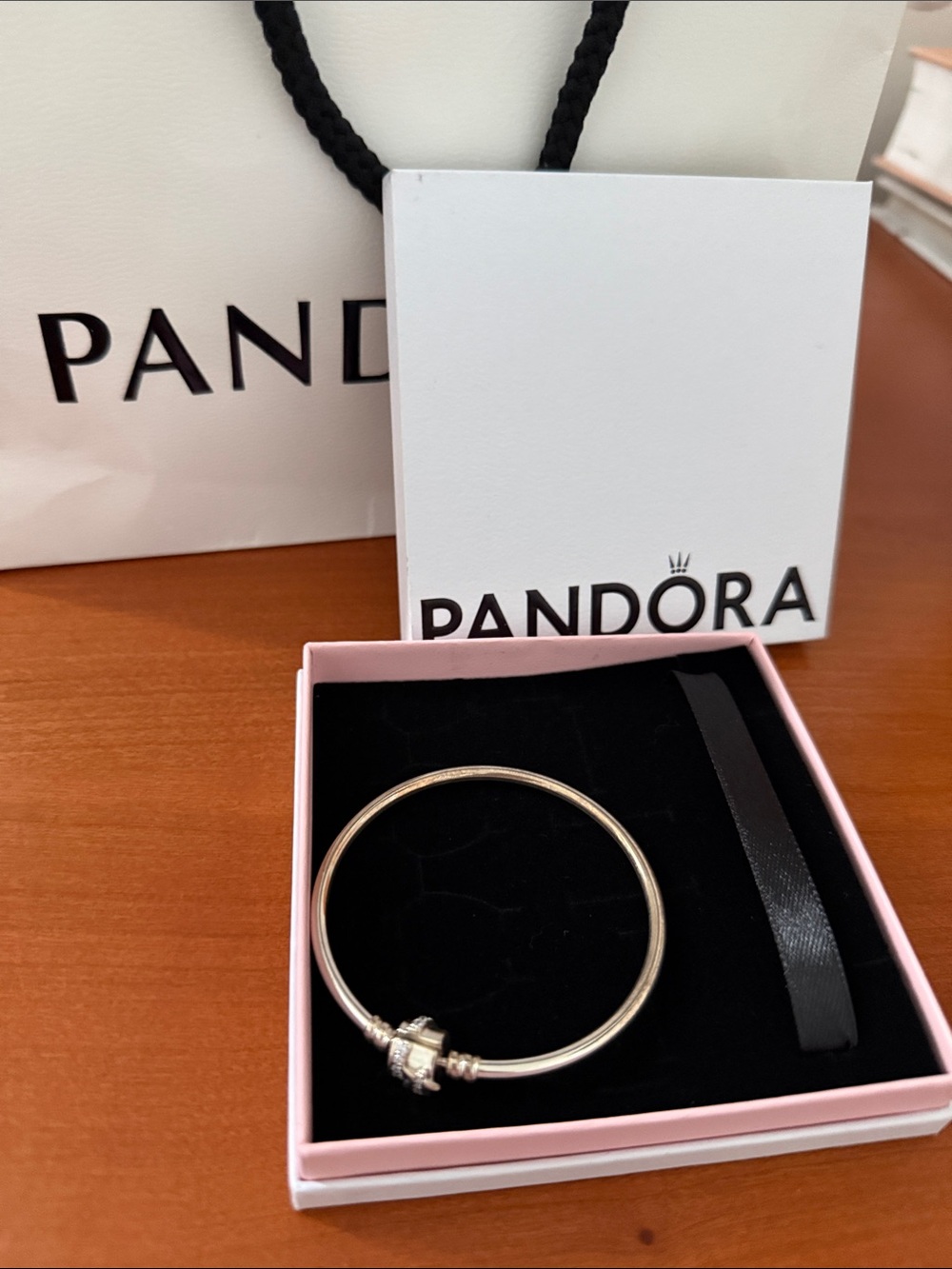 Pandora Silver Bangle Bracelet with Clasp Charm in Pink Box